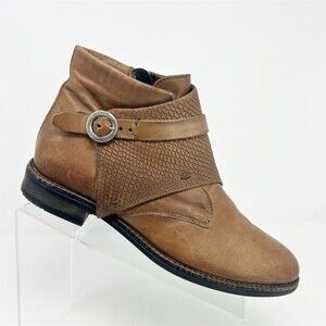Miz Mooz Talbot Womens Ankle Booties Brown Side Zip Buckle Wrap Low Heel Size 40
